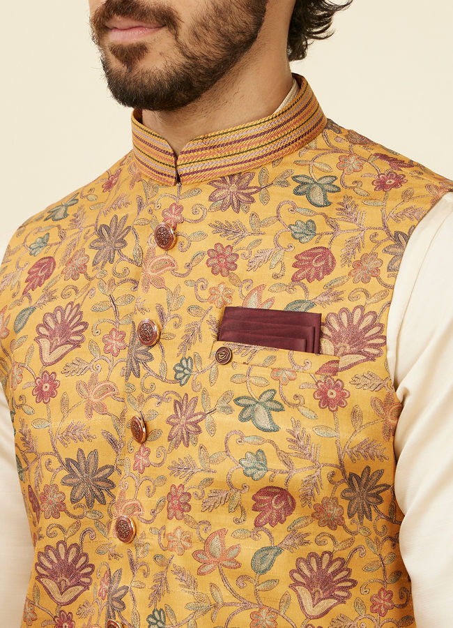 alt message - Manyavar Men Mustard Yellow Bel Buti Patterned Nehru Jacket image number 1