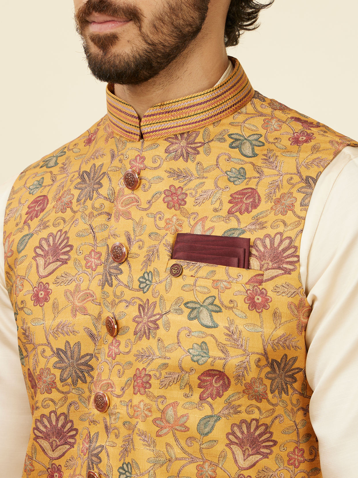 alt message - Manyavar Men Mustard Yellow Bel Buti Patterned Nehru Jacket image number 1