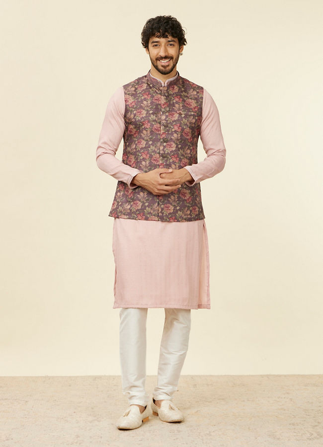 alt message - Manyavar Men Mauve Wine Floral Printed Nehru Jacket image number 2