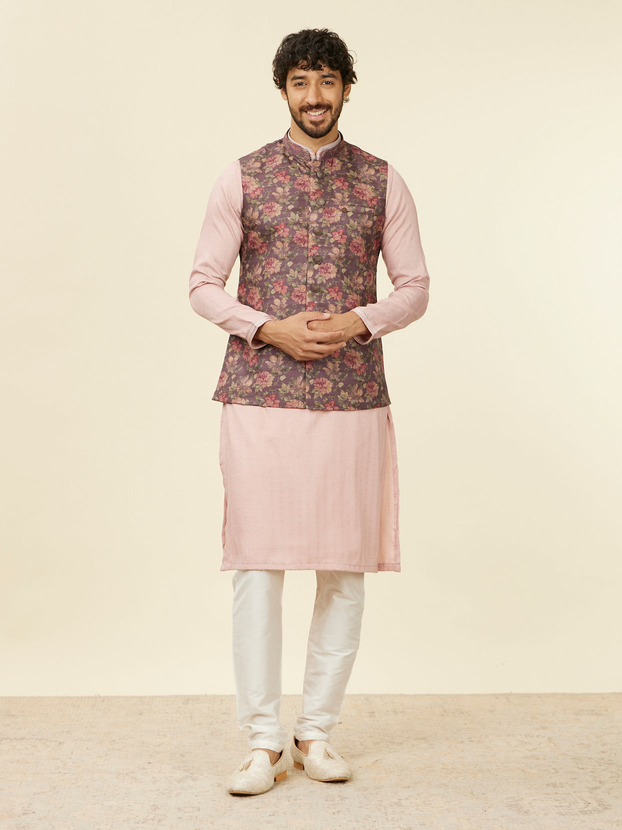 alt message - Manyavar Men Mauve Wine Floral Printed Nehru Jacket image number 2