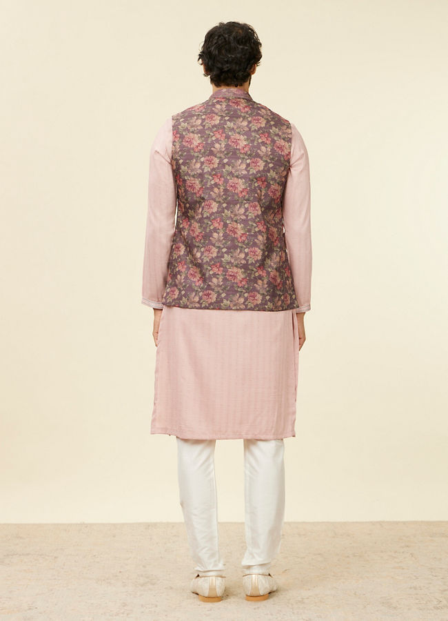 Manyavar Men Mauve Wine Floral Printed Nehru Jacket