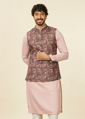 Manyavar Men Mauve Wine Floral Printed Nehru Jacket