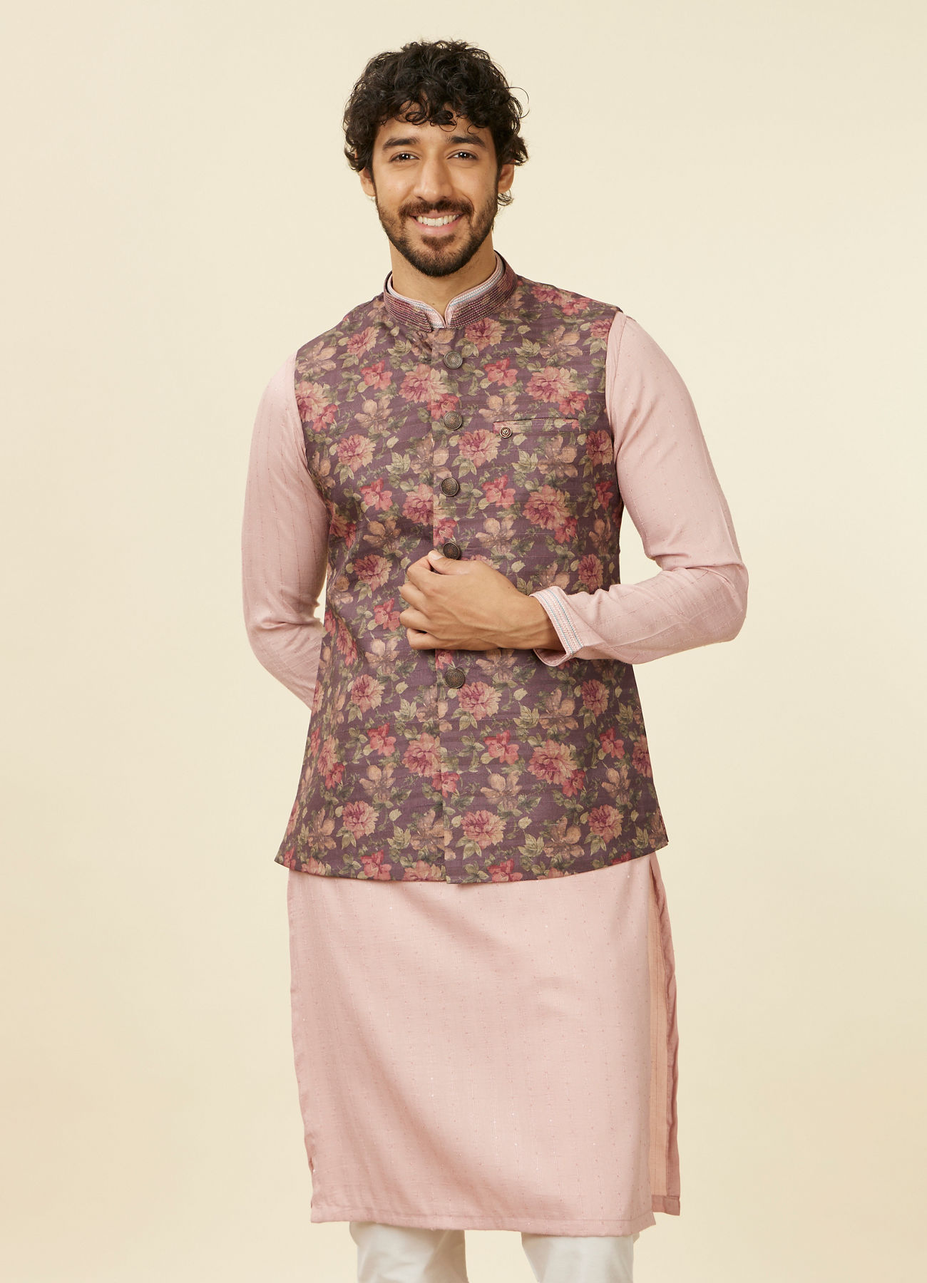 Manyavar Men Mauve Wine Floral Printed Nehru Jacket