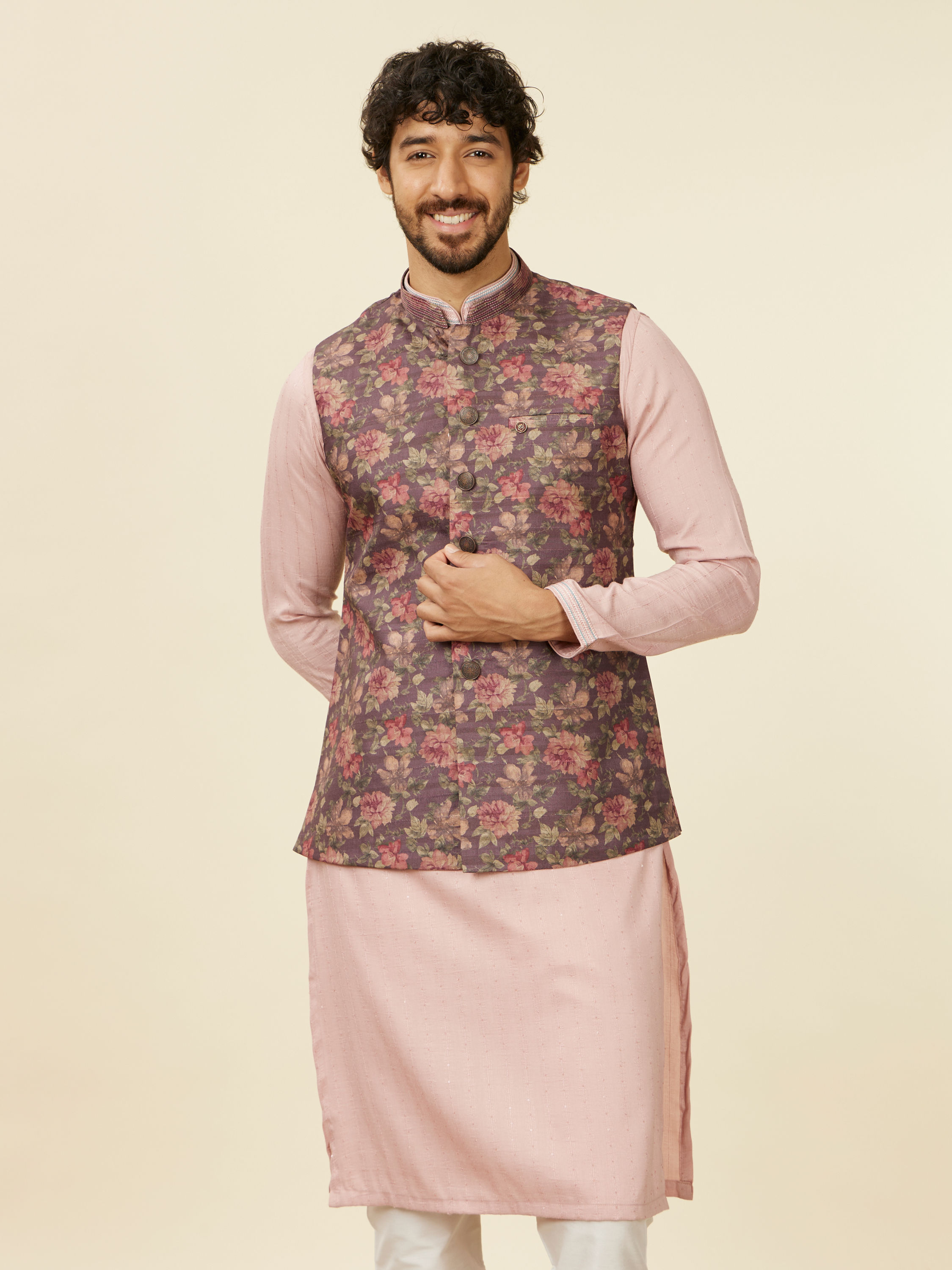 Manyavar Men Mauve Wine Floral Printed Nehru Jacket