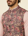 alt message - Manyavar Men Mauve Wine Floral Printed Nehru Jacket image number 1