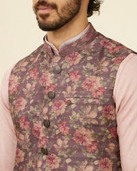 Manyavar Men Mauve Wine Floral Printed Nehru Jacket