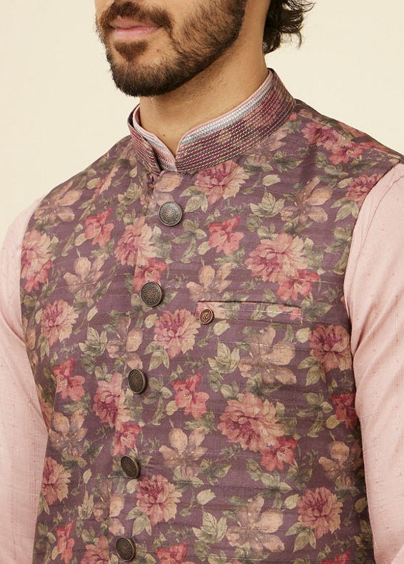 Manyavar Men Mauve Wine Floral Printed Nehru Jacket