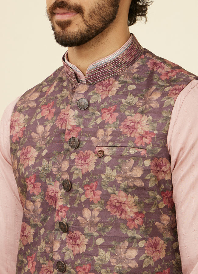 alt message - Manyavar Men Mauve Wine Floral Printed Nehru Jacket image number 1