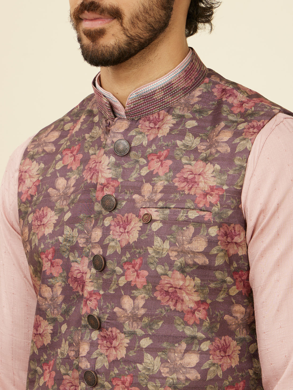 alt message - Manyavar Men Mauve Wine Floral Printed Nehru Jacket image number 1