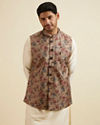 alt message - Manyavar Men Walnut Floral Printed Nehru Jacket image number 0