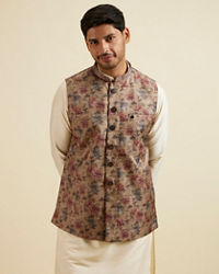 Manyavar Men Walnut Floral Printed Nehru Jacket