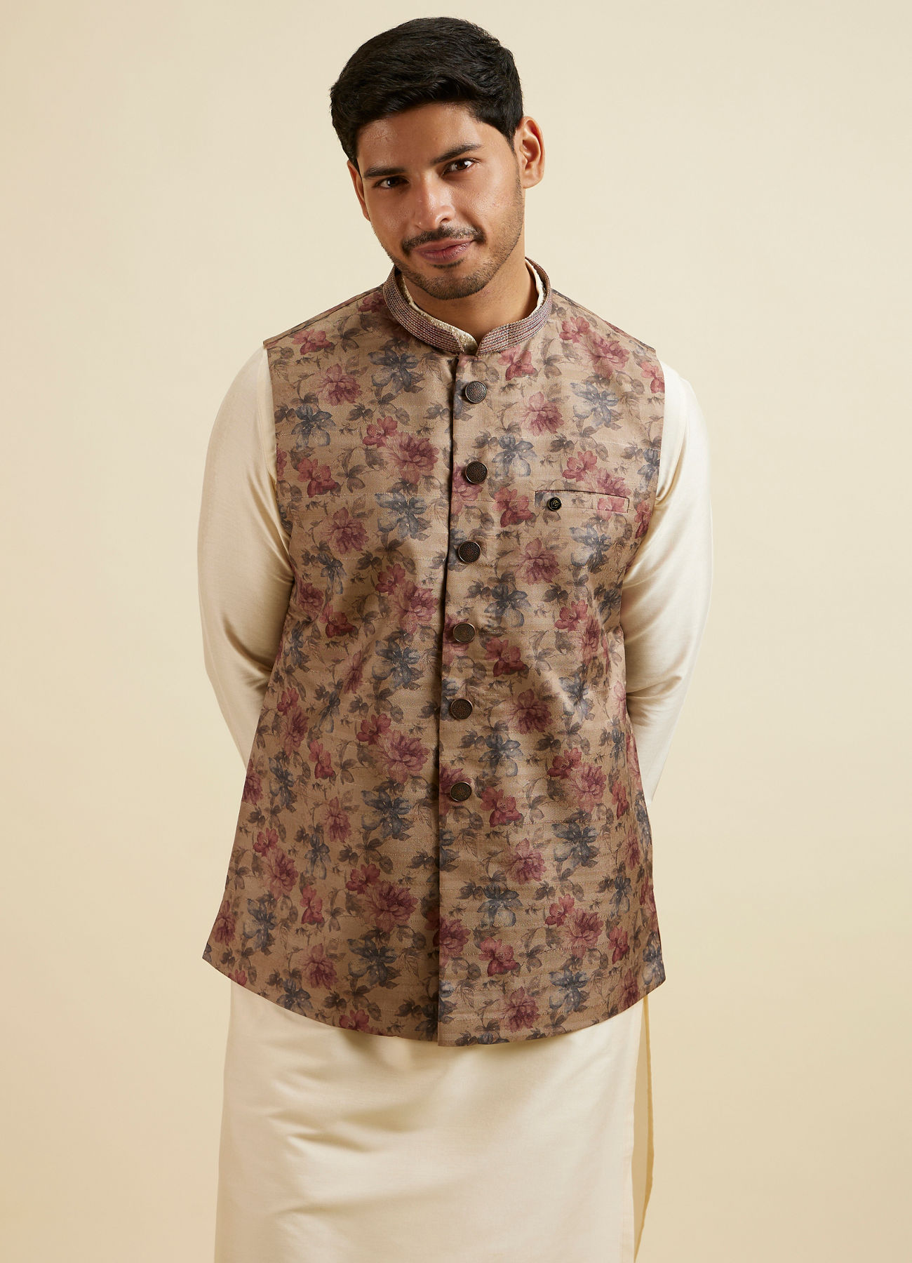 Manyavar Men Walnut Floral Printed Nehru Jacket