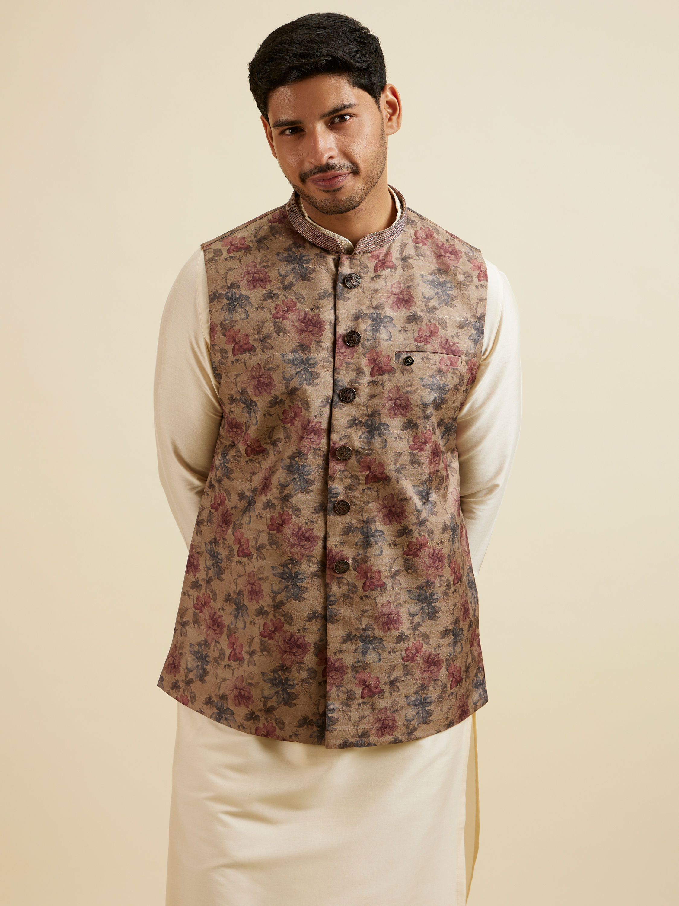 Manyavar Men Walnut Floral Printed Nehru Jacket