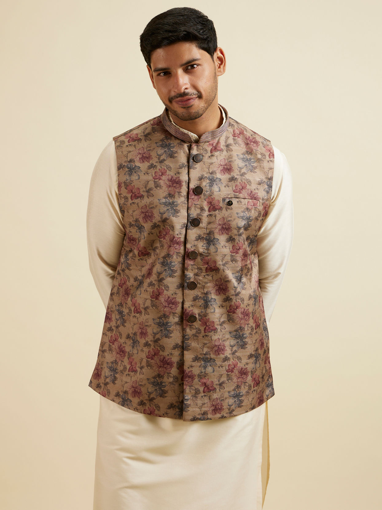 alt message - Manyavar Men Walnut Floral Printed Nehru Jacket image number 0