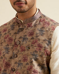 Manyavar Men Walnut Floral Printed Nehru Jacket