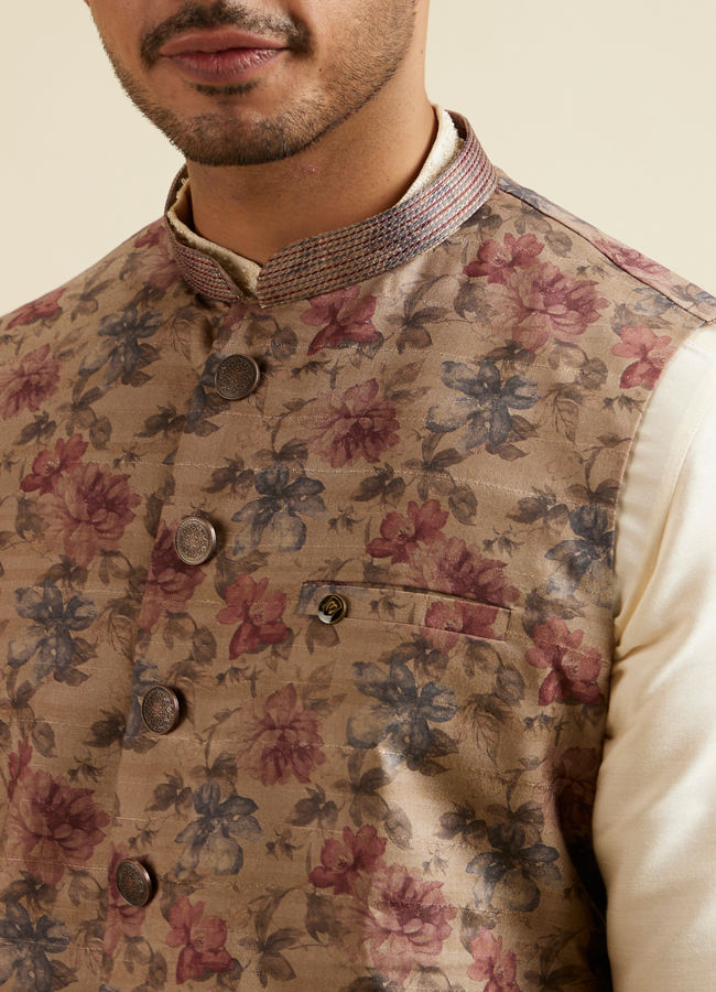 alt message - Manyavar Men Walnut Floral Printed Nehru Jacket image number 1