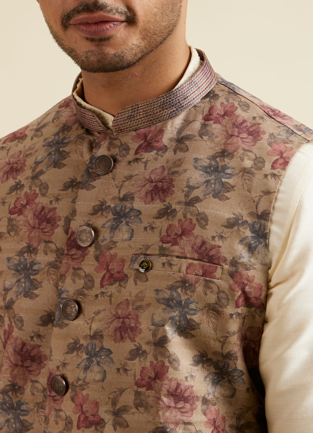 Manyavar Men Walnut Floral Printed Nehru Jacket