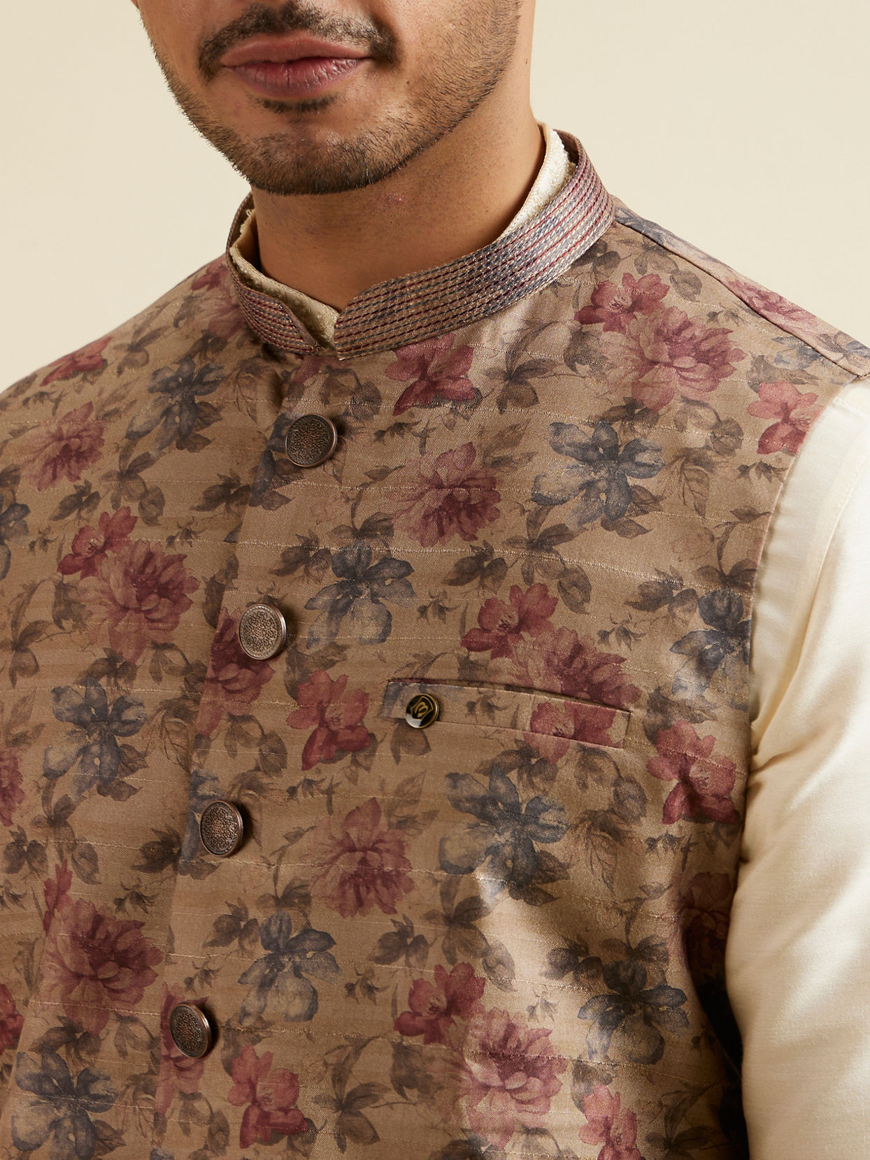 alt message - Manyavar Men Walnut Floral Printed Nehru Jacket image number 1