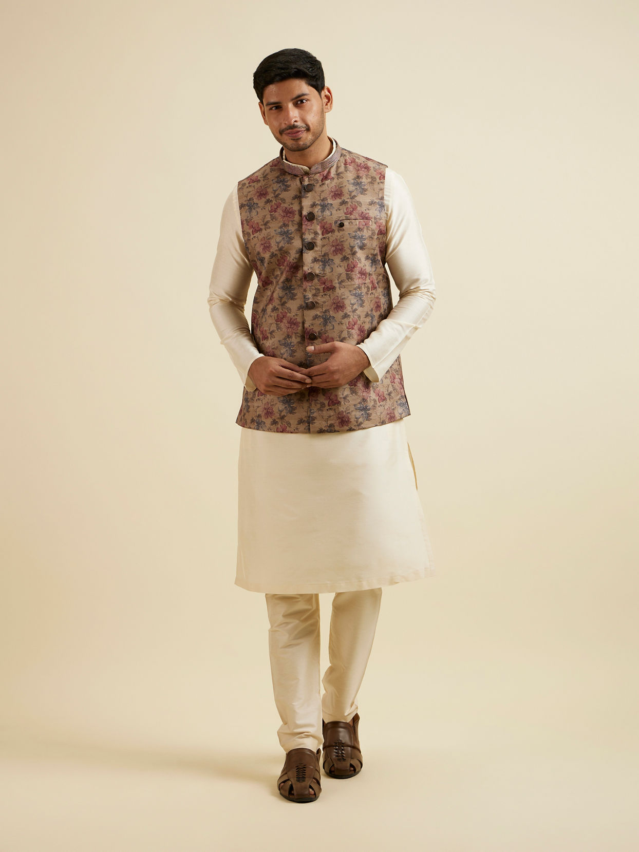 Manyavar Men Walnut Floral Printed Nehru Jacket