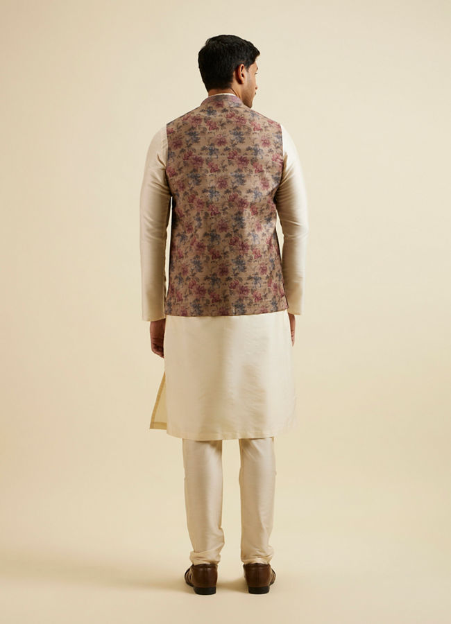 alt message - Manyavar Men Walnut Floral Printed Nehru Jacket image number 3