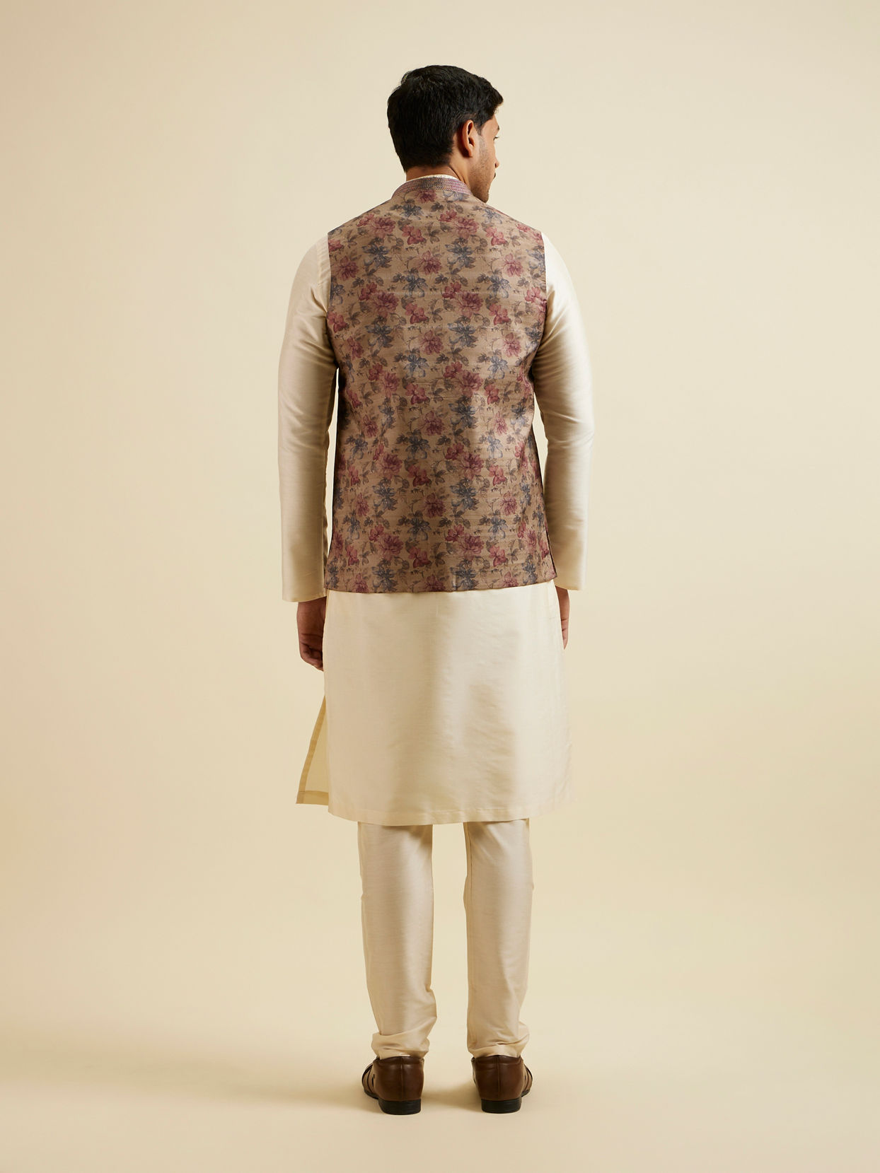 Manyavar Men Walnut Floral Printed Nehru Jacket