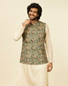 alt message - Manyavar Men Teal Green Floral Printed Nehru Jacket image number 0