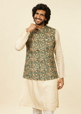 Manyavar Men Teal Green Floral Printed Nehru Jacket