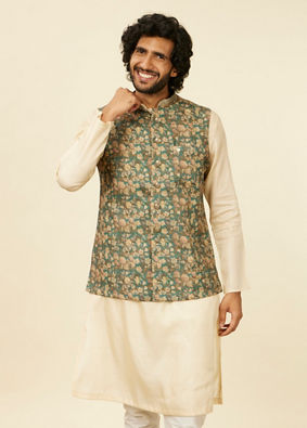 alt message - Manyavar Men Teal Green Floral Printed Nehru Jacket