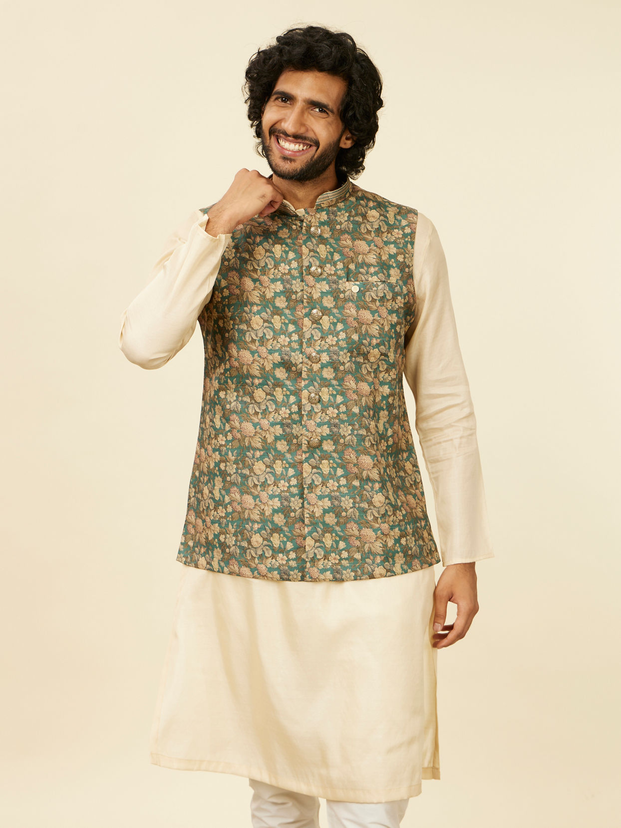 alt message - Manyavar Men Teal Green Floral Printed Nehru Jacket image number 0