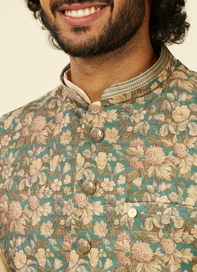 alt message - Manyavar Men Teal Green Floral Printed Nehru Jacket image number 1