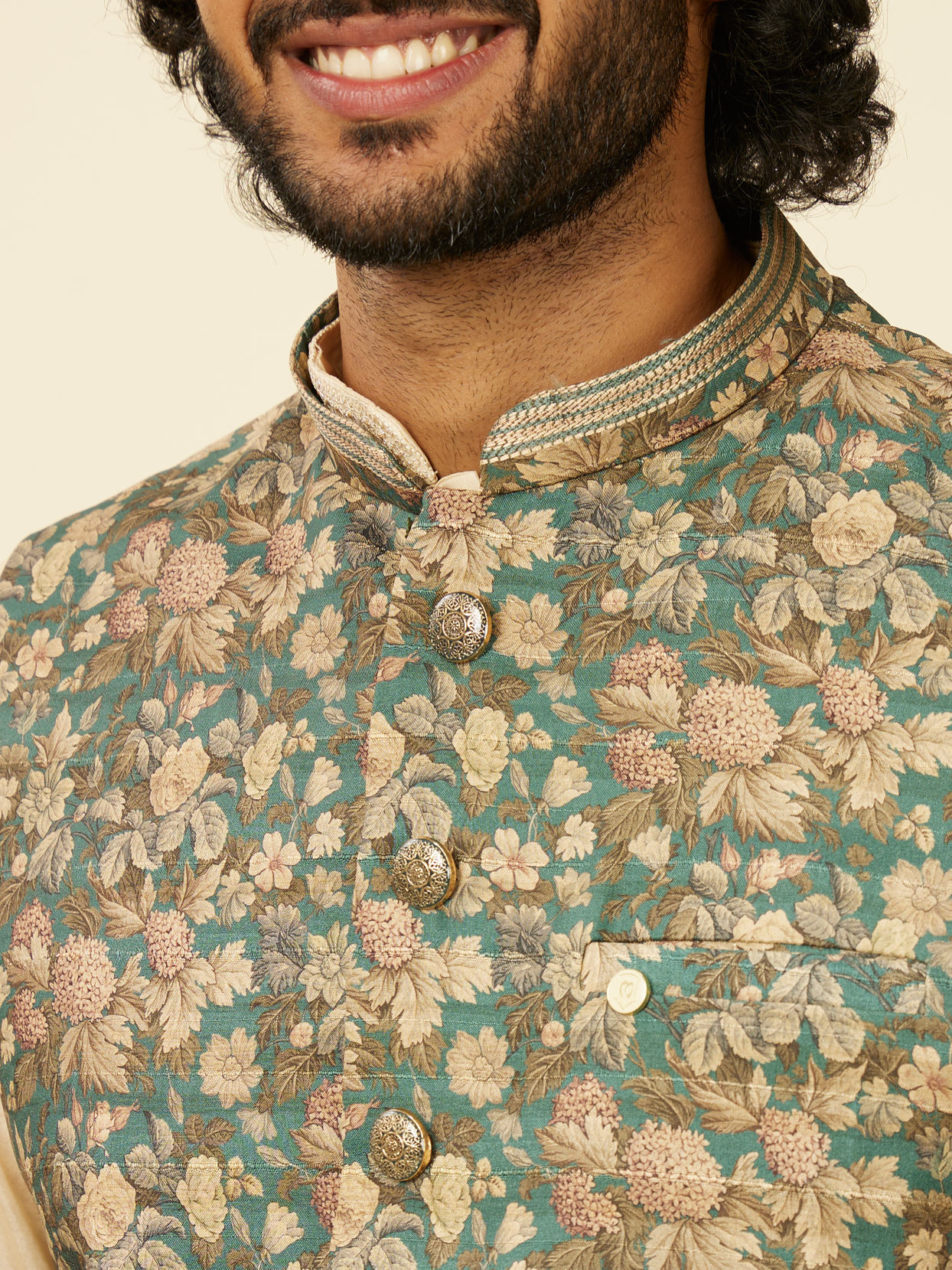 Manyavar Men Teal Green Floral Printed Nehru Jacket