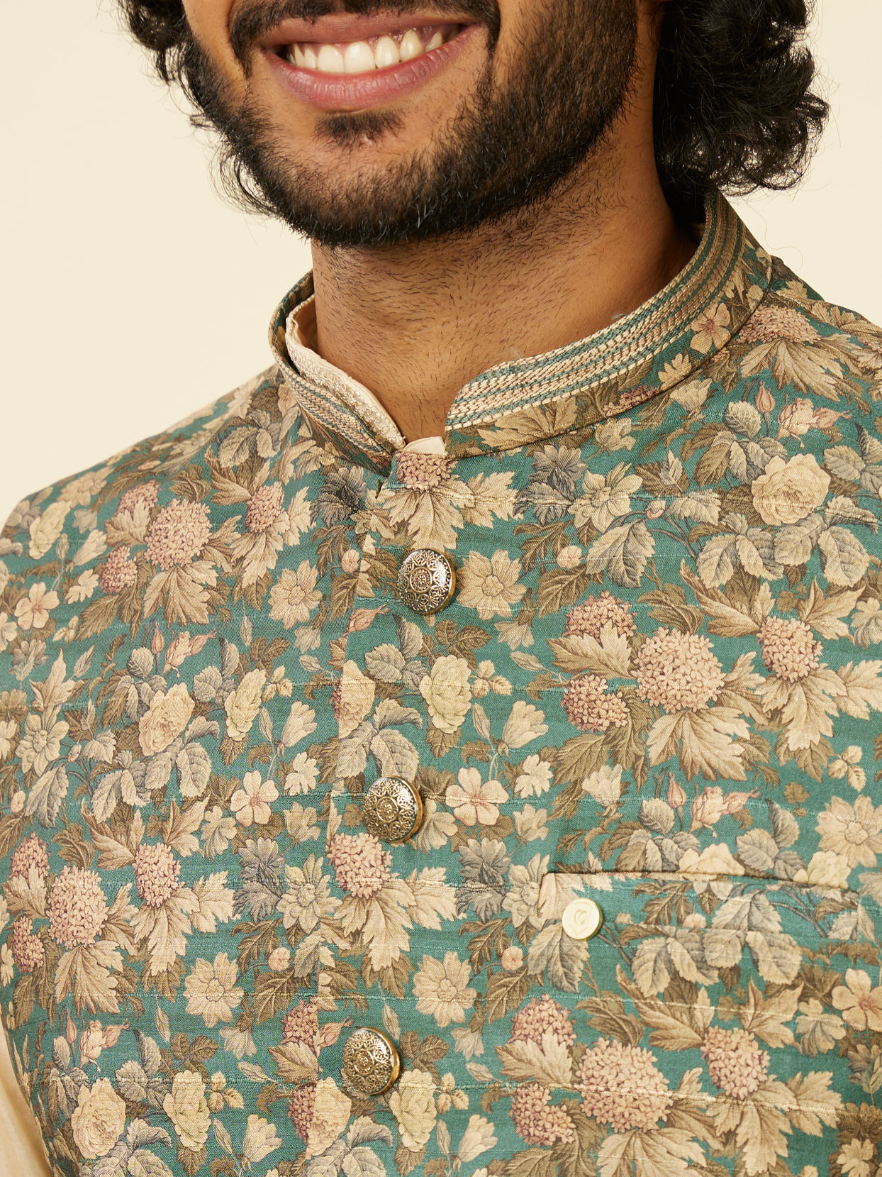 alt message - Manyavar Men Teal Green Floral Printed Nehru Jacket image number 1