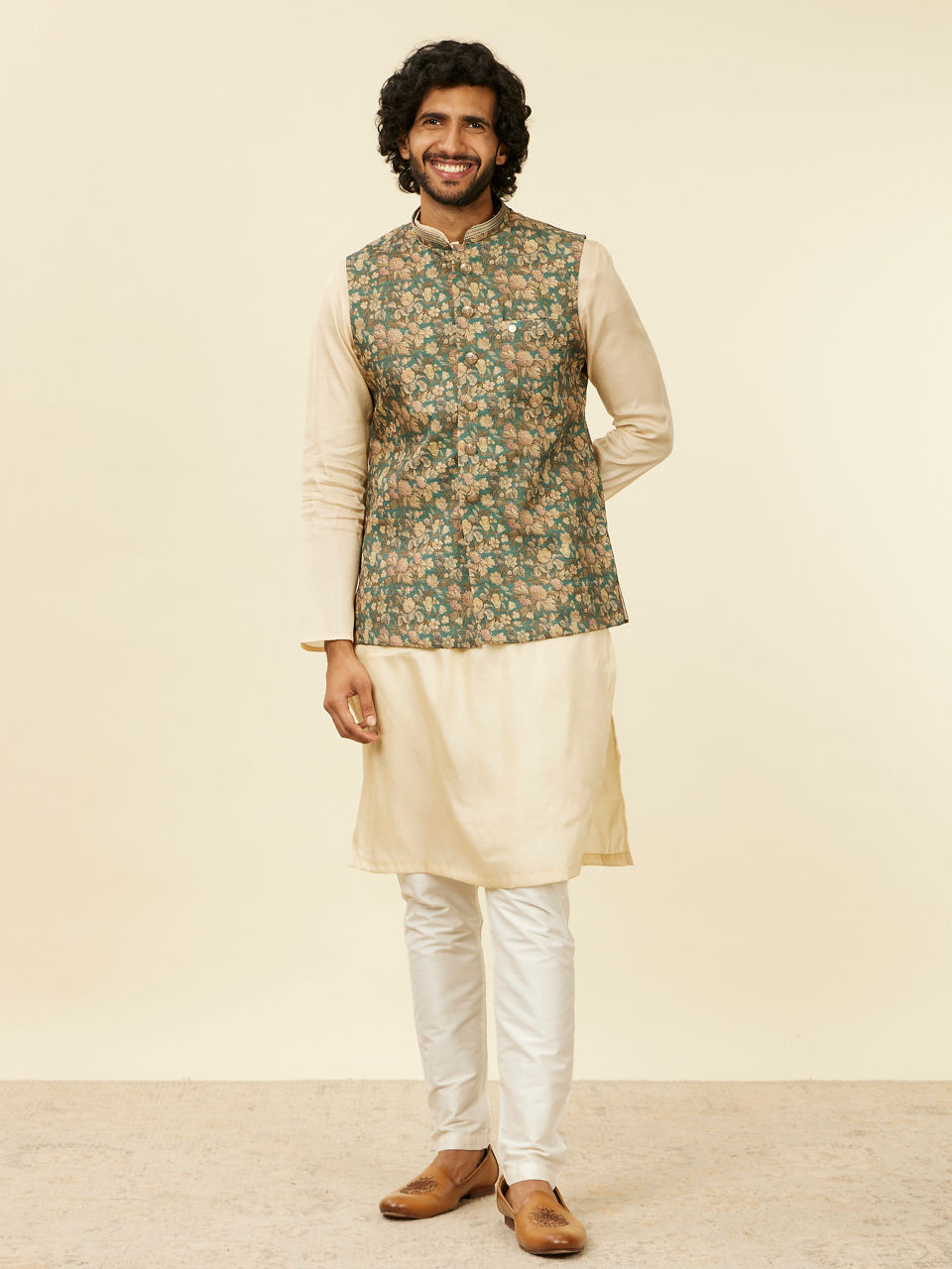 Manyavar Men Teal Green Floral Printed Nehru Jacket