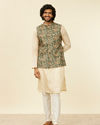 Manyavar Men Teal Green Floral Printed Nehru Jacket