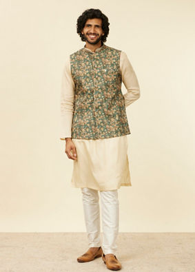 Manyavar Men Teal Green Floral Printed Nehru Jacket image number 2