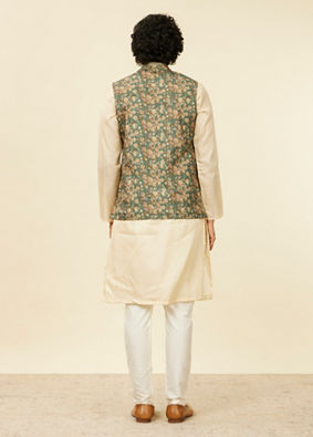 Manyavar Men Teal Green Floral Printed Nehru Jacket image number 3