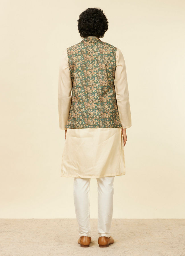 Manyavar Men Teal Green Floral Printed Nehru Jacket