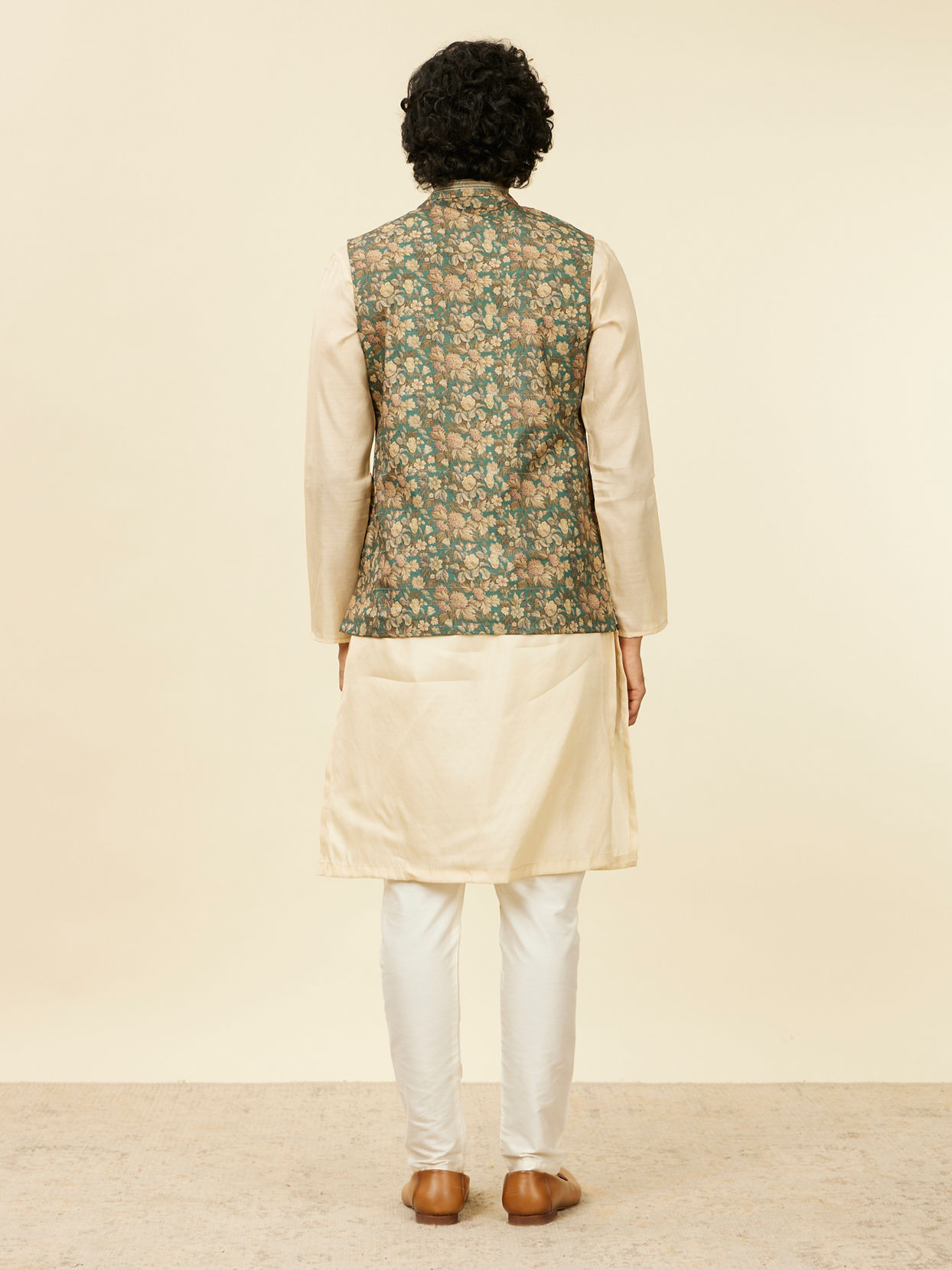 Manyavar Men Teal Green Floral Printed Nehru Jacket