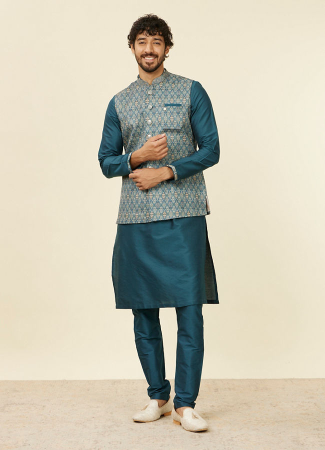 alt message - Manyavar Men Teal Blue Medallion Patterned Nehru Jacket image number 2