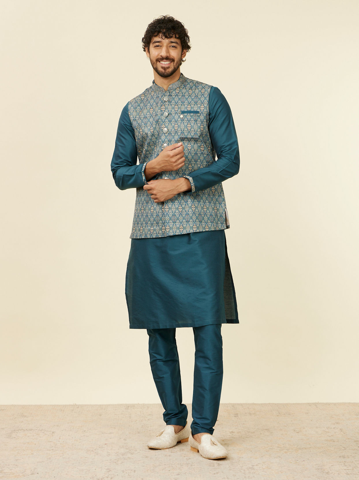 alt message - Manyavar Men Teal Blue Medallion Patterned Nehru Jacket image number 2