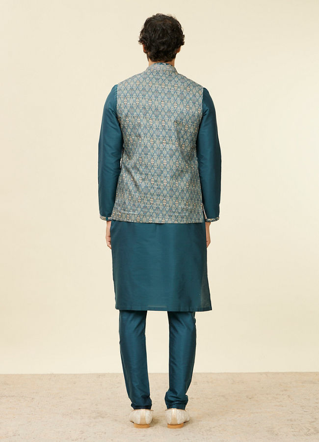 alt message - Manyavar Men Teal Blue Medallion Patterned Nehru Jacket image number 3