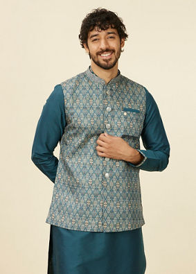 alt message - Manyavar Men Teal Blue Medallion Patterned Nehru Jacket