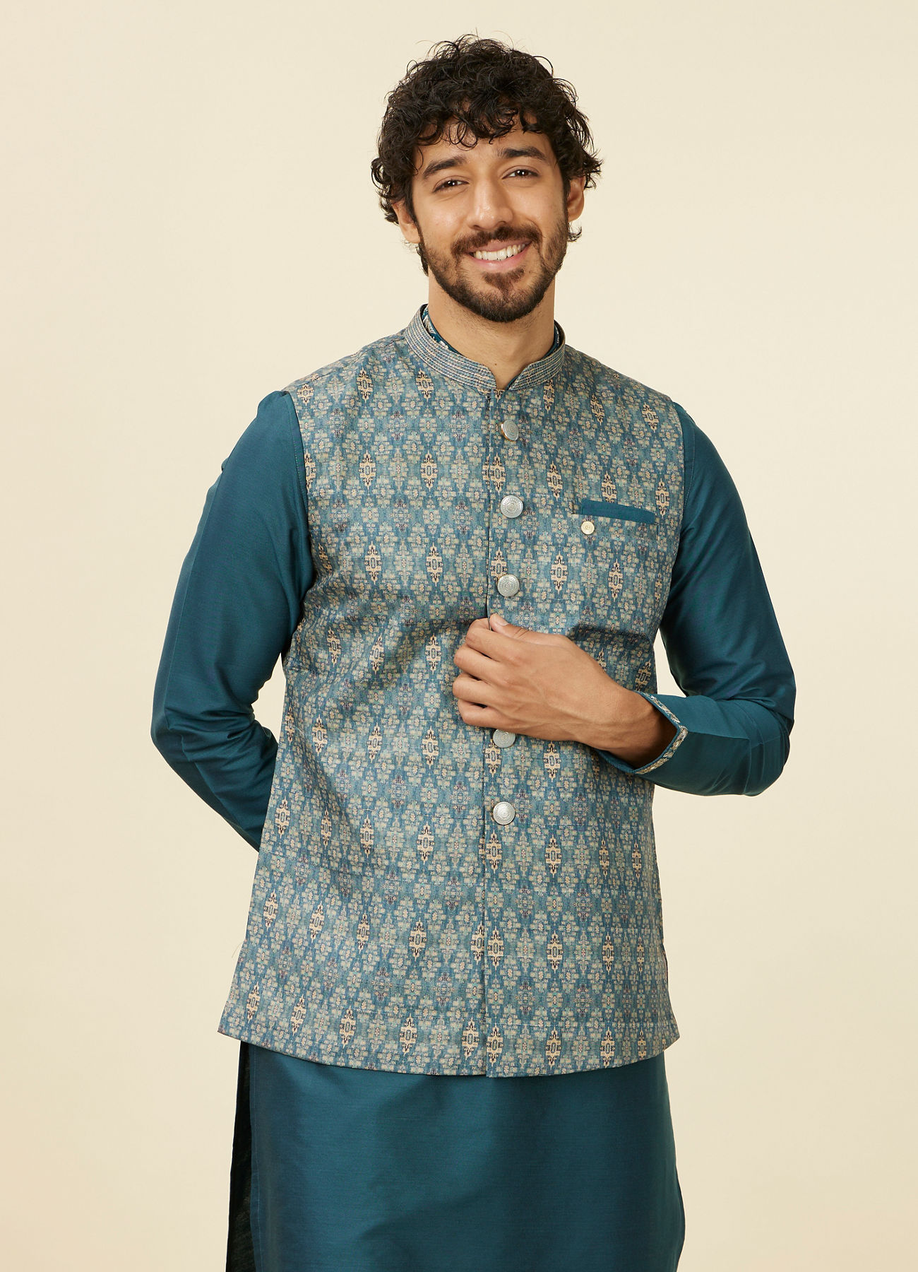 Manyavar Men Teal Blue Medallion Patterned Nehru Jacket