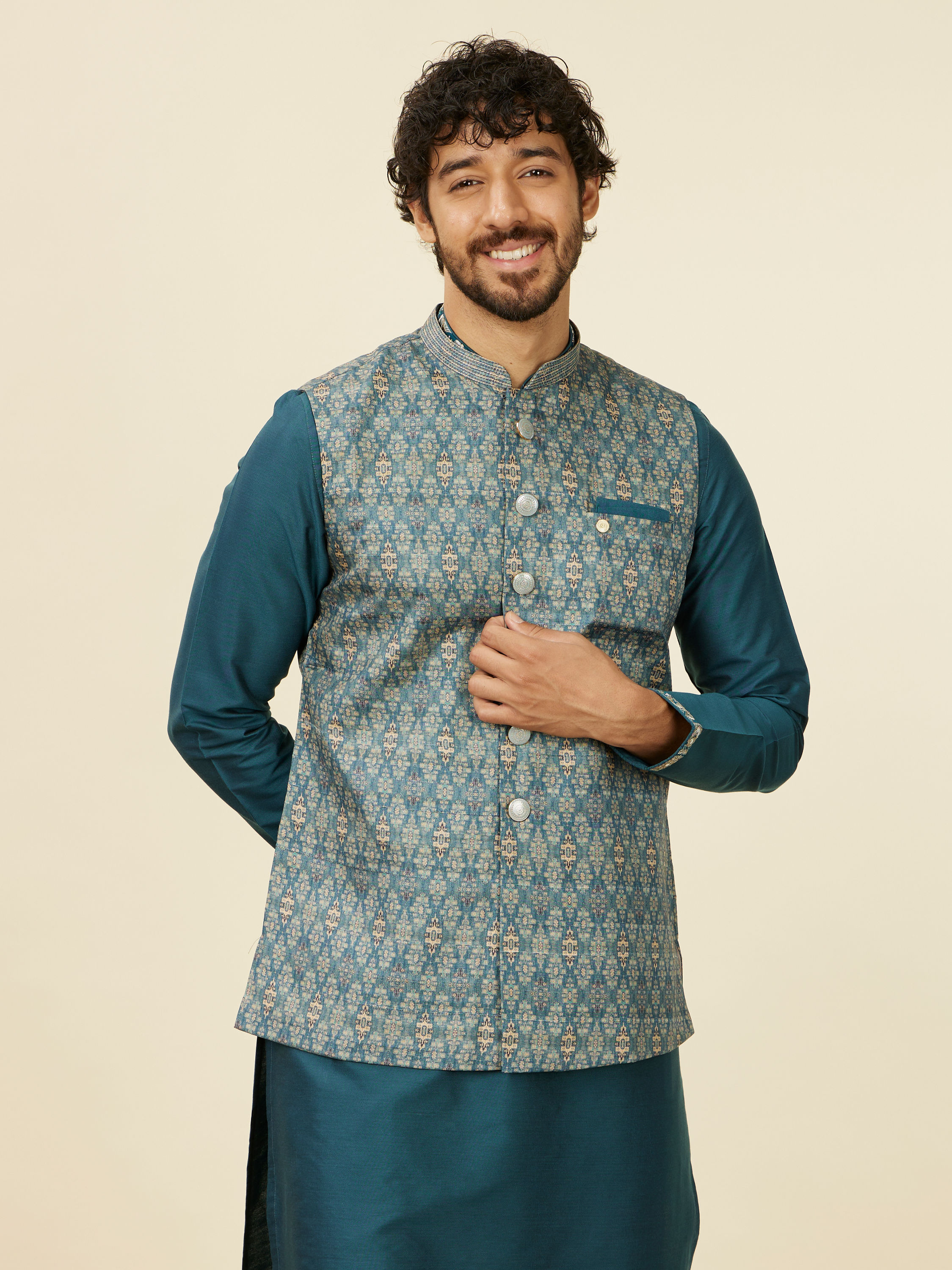 Manyavar Men Teal Blue Medallion Patterned Nehru Jacket