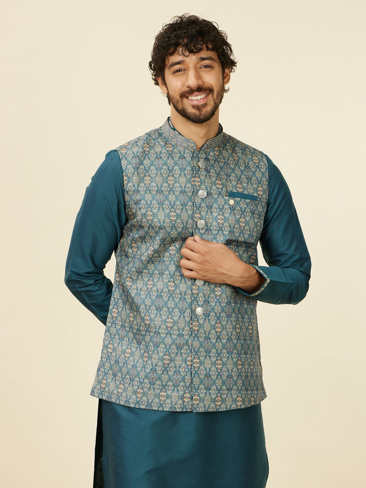 alt message - Manyavar Men Teal Blue Medallion Patterned Nehru Jacket image number 0