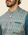 alt message - Manyavar Men Teal Blue Medallion Patterned Nehru Jacket image number 1