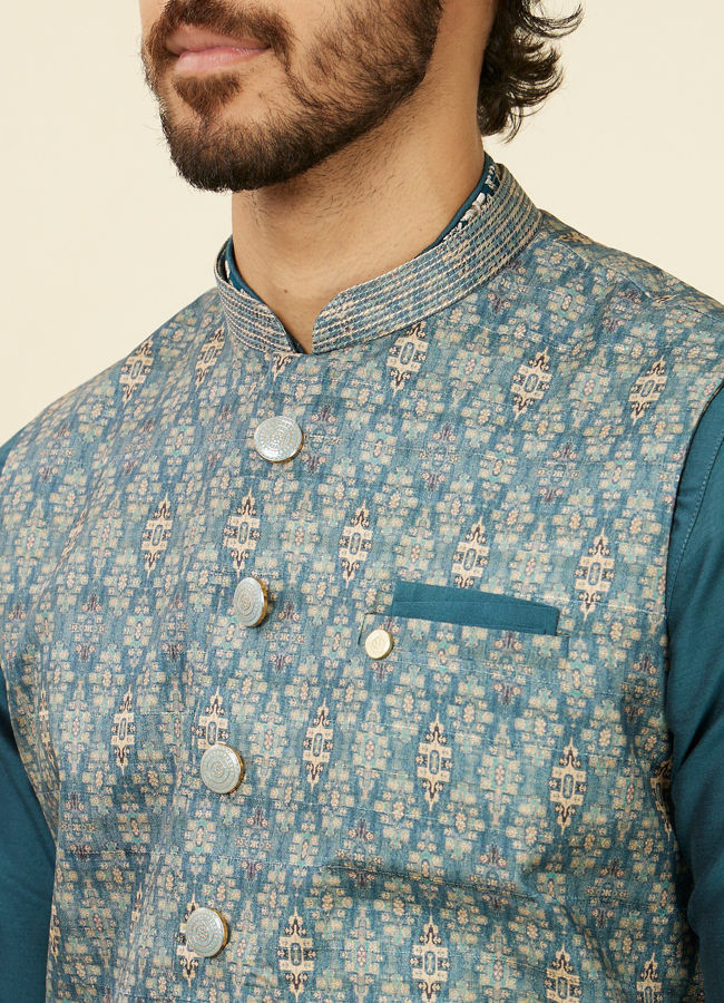 alt message - Manyavar Men Teal Blue Medallion Patterned Nehru Jacket image number 1