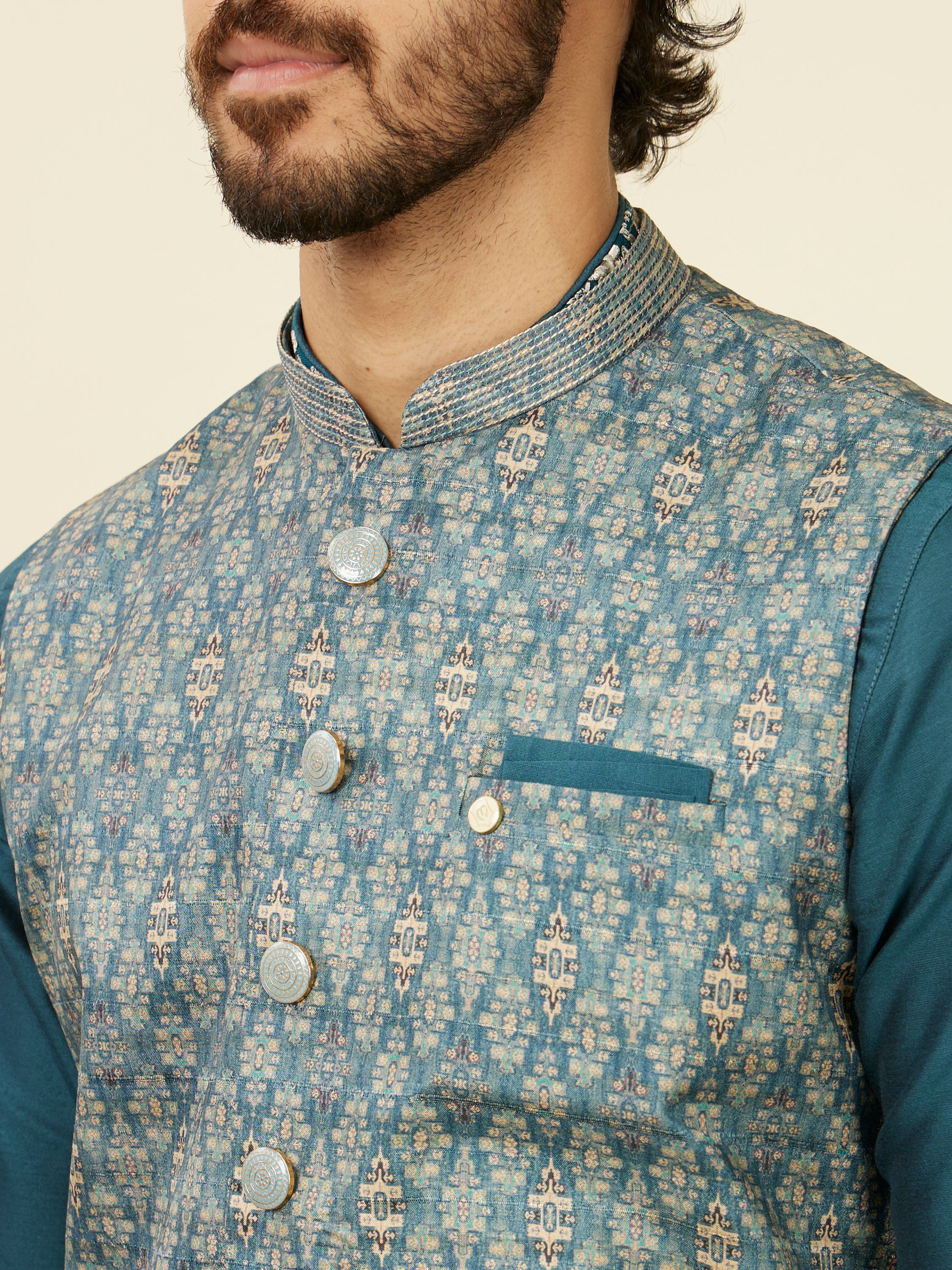 Manyavar Men Teal Blue Medallion Patterned Nehru Jacket