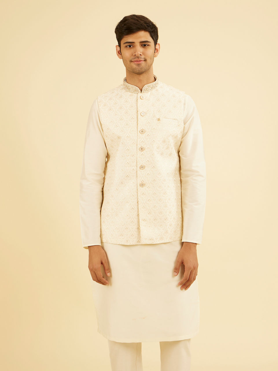Manyavar Men Gleaming Cream Nehru Jacket