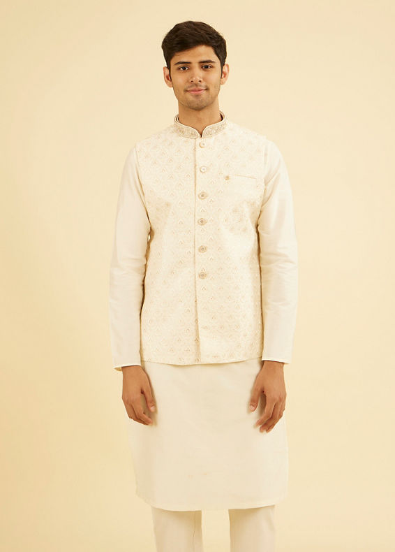 Manyavar Men Gleaming Cream Nehru Jacket